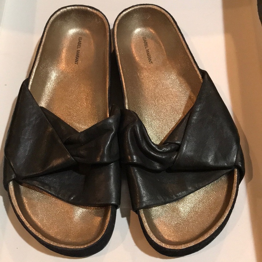 Isabel Marant Black Leather Knot Slide Sandals with Gold Footbed